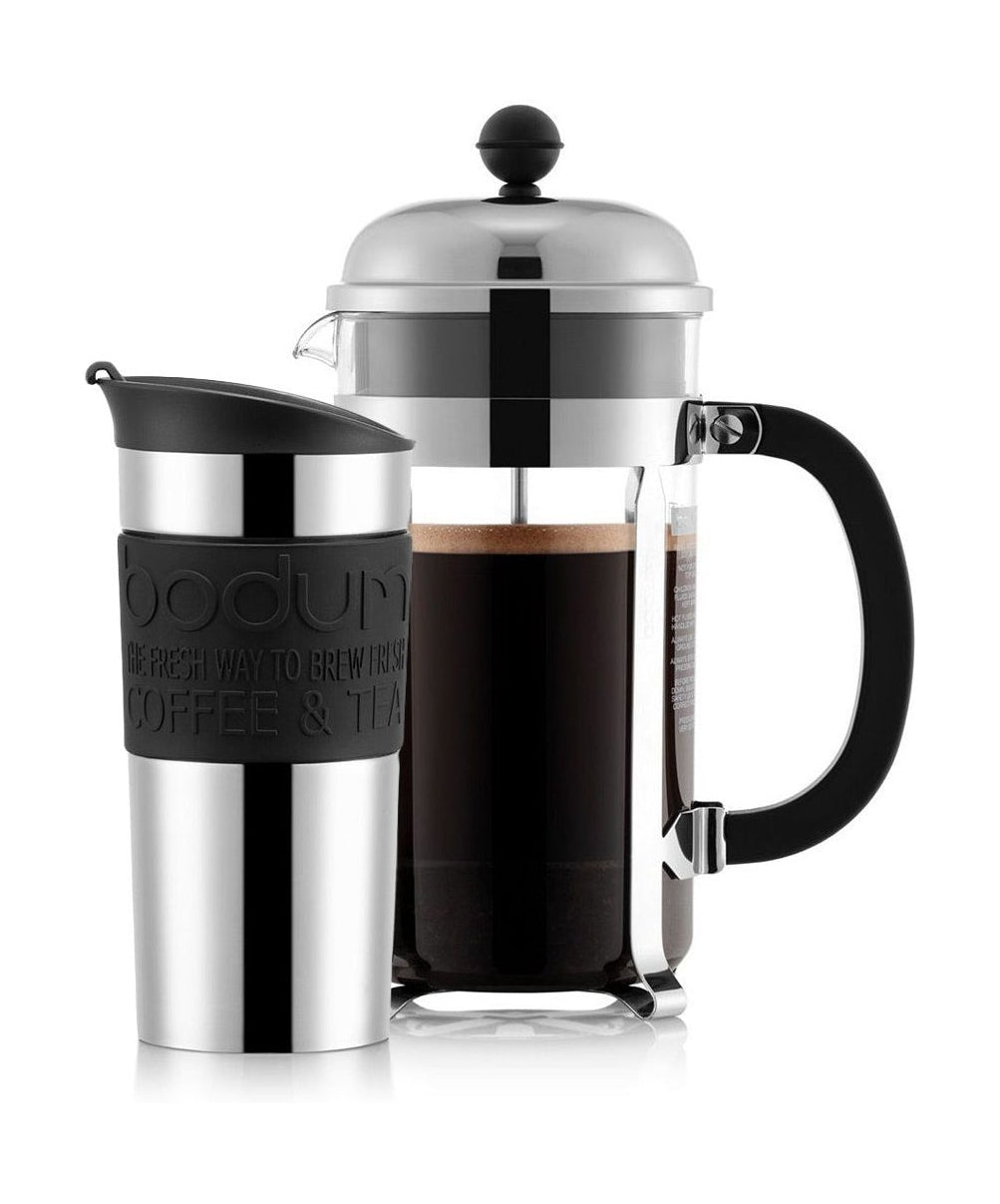 Bodum Chambord Set Kaffebrygger Og Travel Mug Rejsekrus Med Klik Låg Dobbeltvægget Sort, 8 Kop