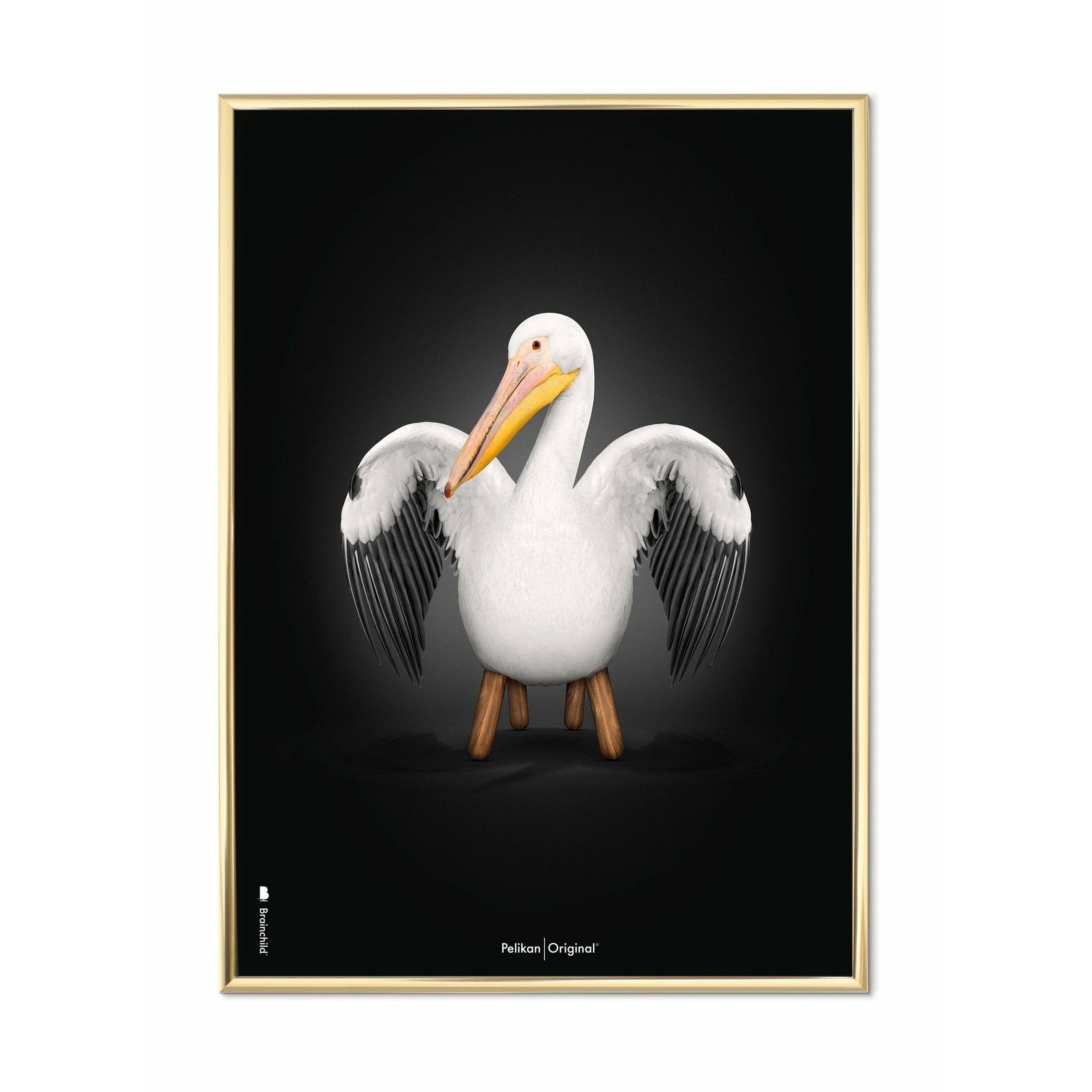 Brainchild Pelikan Klassisk Plakat, Messingfarvet Ramme 70X100 Cm, Sort Baggrund