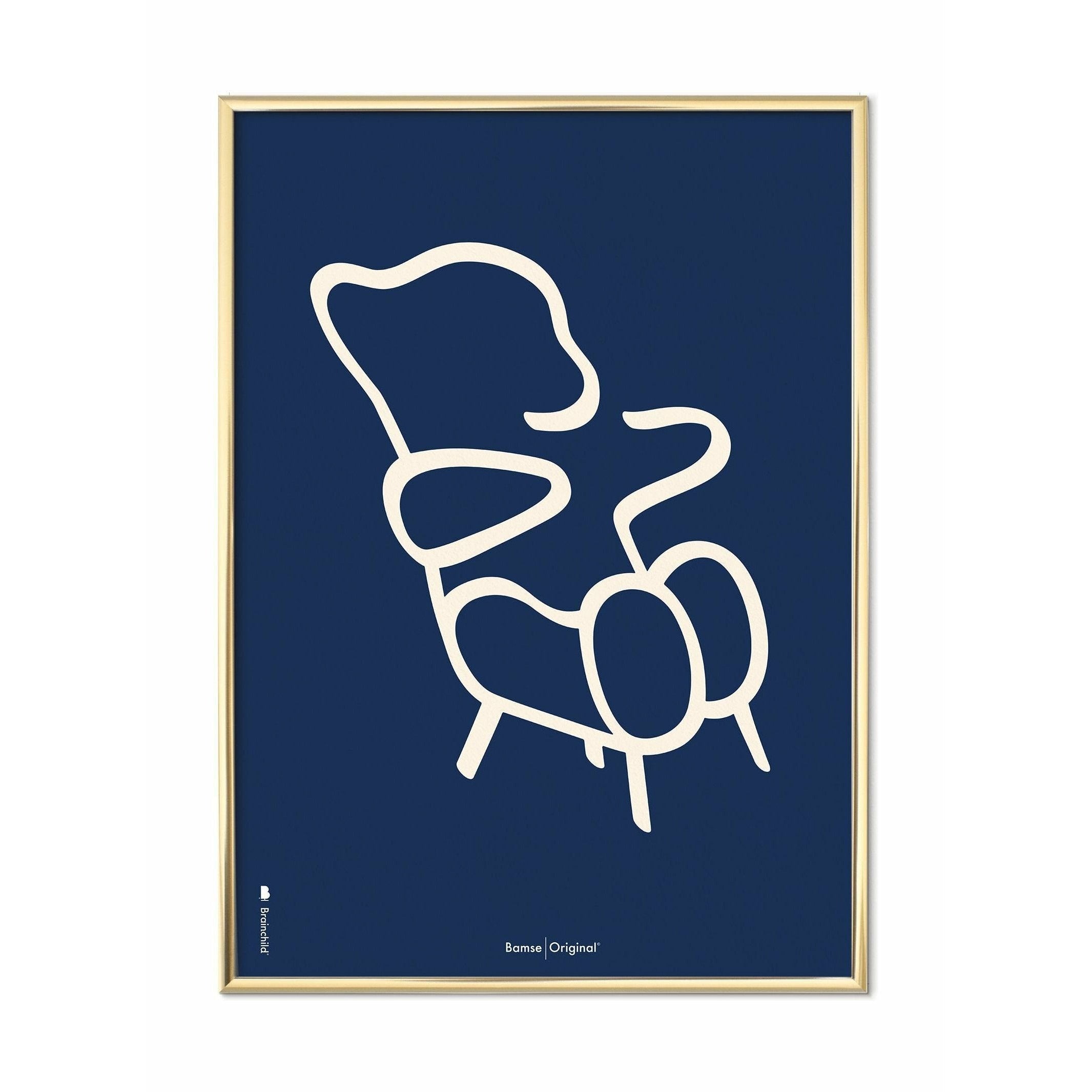 Brainchild Bamse Streg Plakat, Messingfarvet Ramme 30X40 Cm, Blå Baggrund