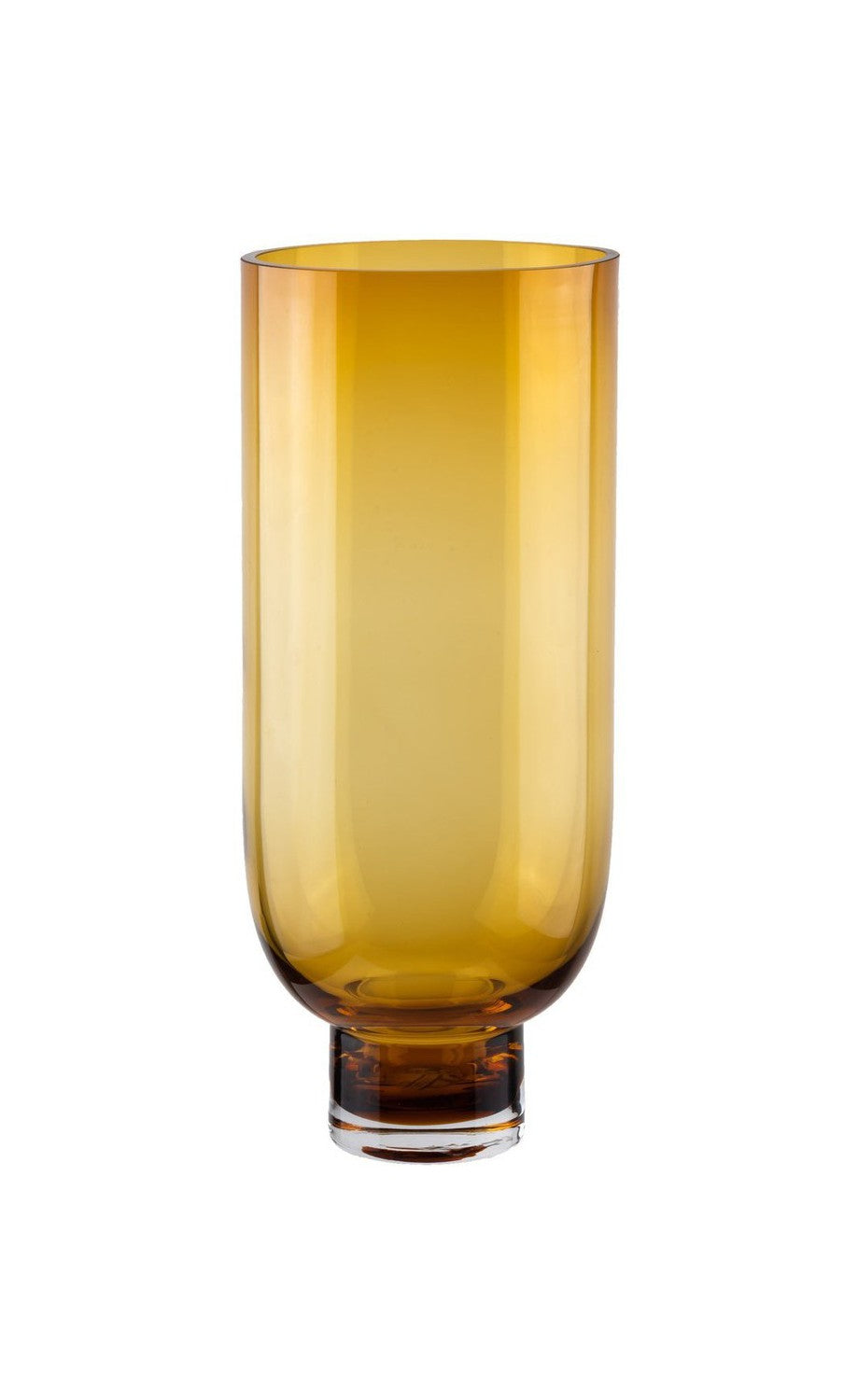 Sober modern tall glass vase, cylindrical shape on a solid base, warm