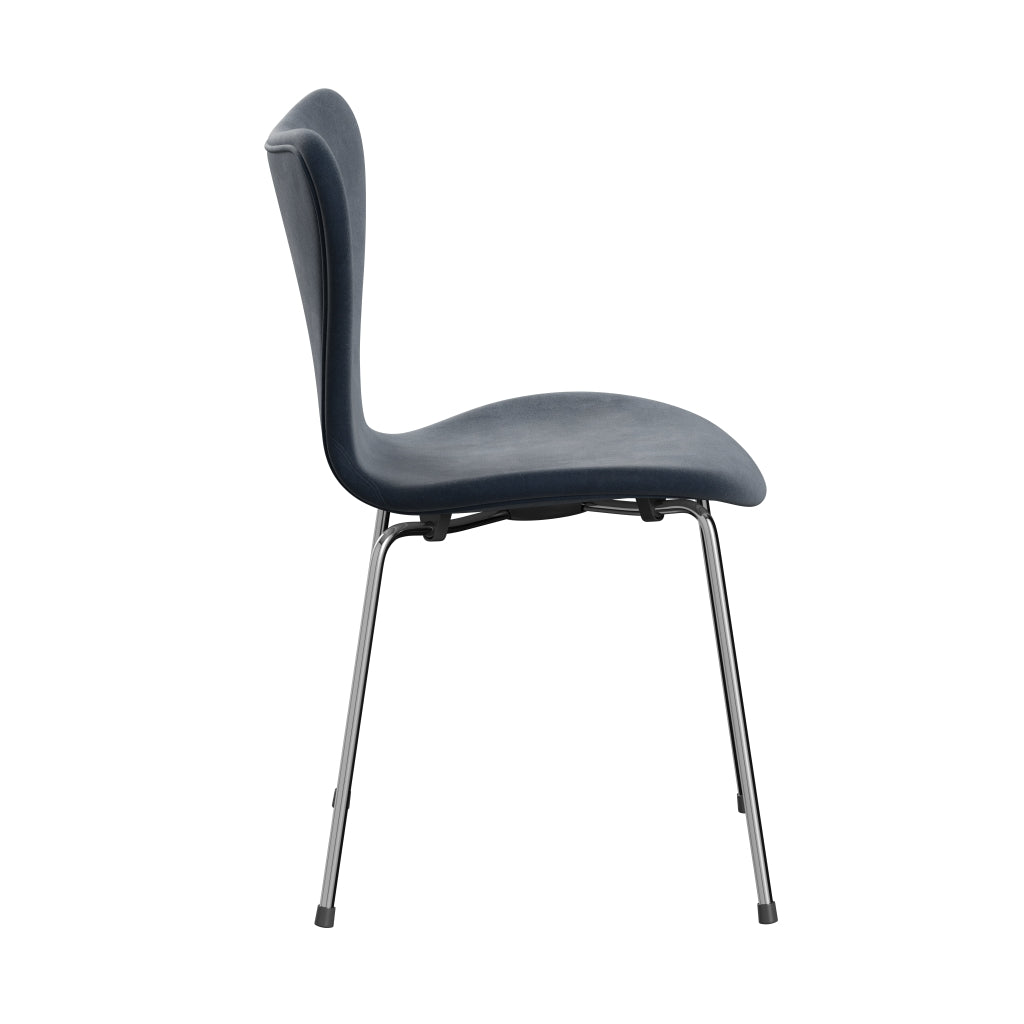 Fritz Hansen 3107 Chair Full Upholstery, Chrome/Belfast Velvet Grey Blue