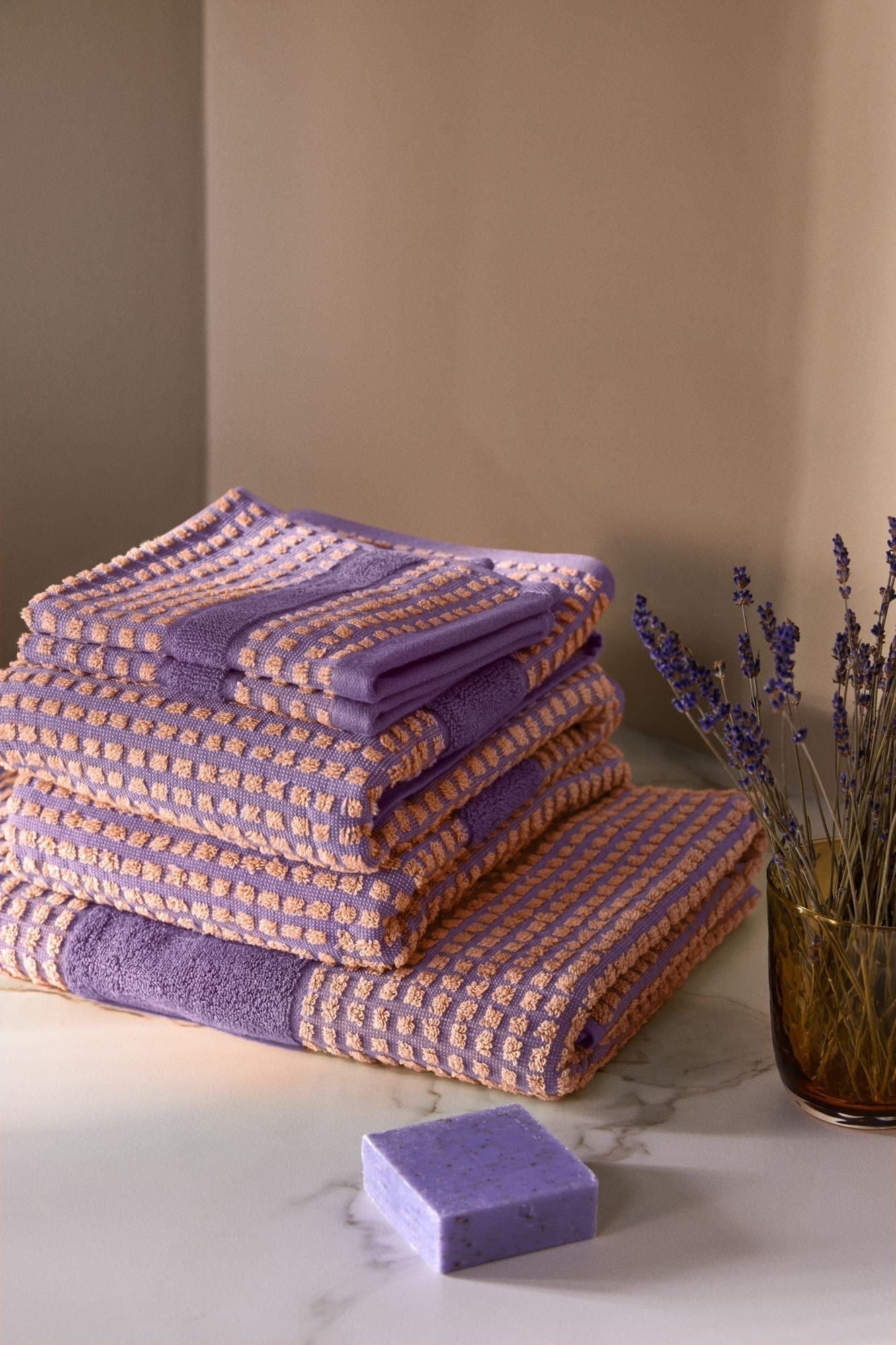Juna Check Håndklæde 50x100 Cm, Lavendel/Fersken